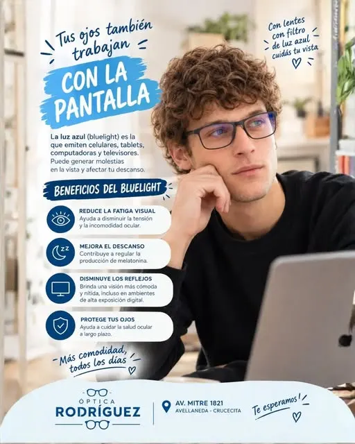 Afiche de Óptica Rodríguez sobre cristales con filtro de luz azul para trabajar con pantallas