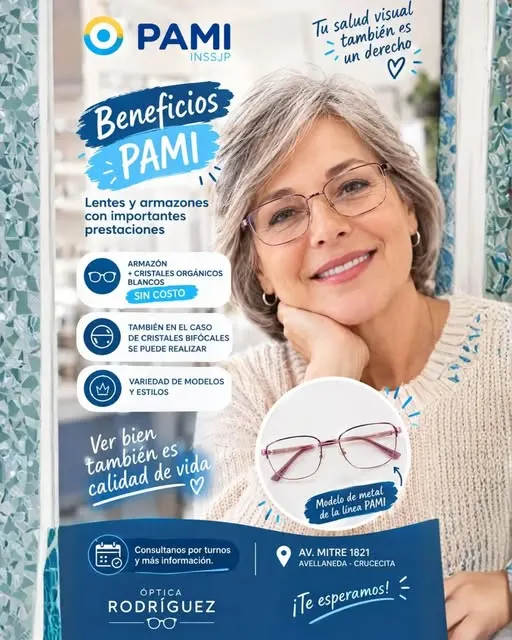 Afiche de Óptica Rodríguez con los beneficios PAMI: armazón y cristales orgánicos blancos sin costo
